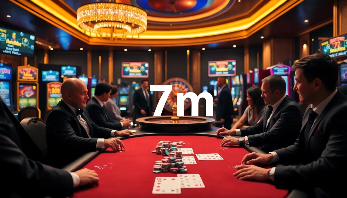 Excited gamblers at a poker table using 7m betting slips amidst a vibrant casino atmosphere.