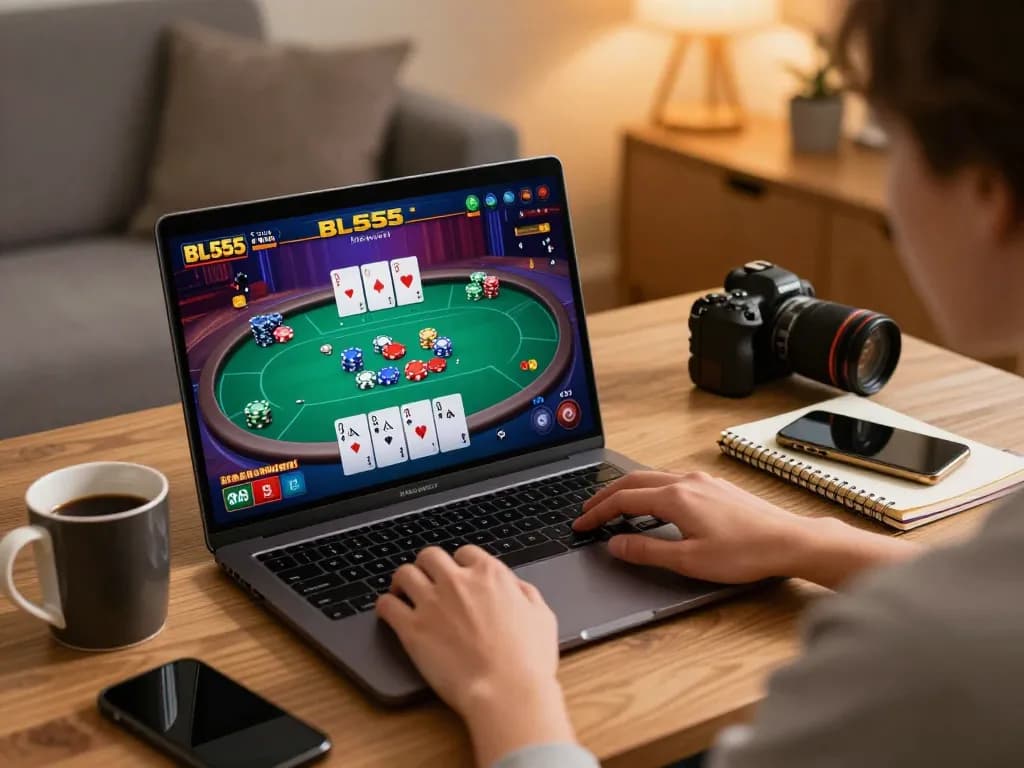 Engaging in BL555 online casino gaming on a laptop with cozy home setting