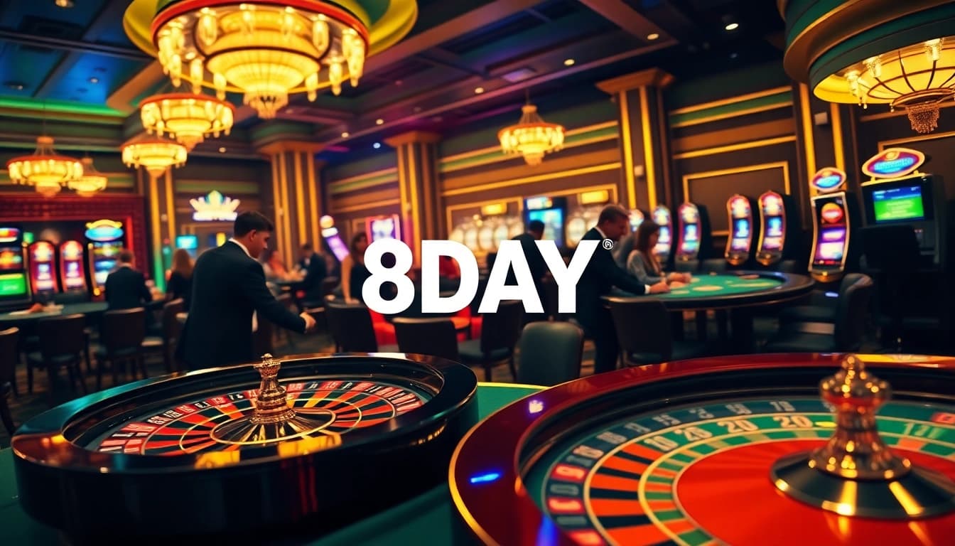 Experience the thrill of gambling at 8DAY's luxurious casino with lively players at poker, roulette, and slots.