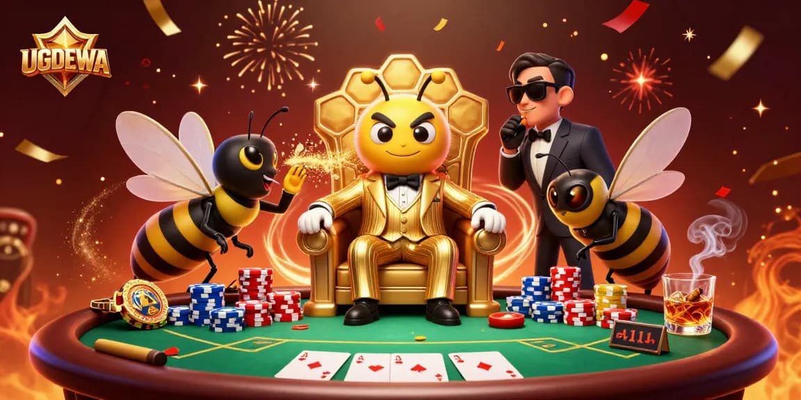 Intense poker showdown featuring UGDEWA characters amidst vibrant casino décor and action.