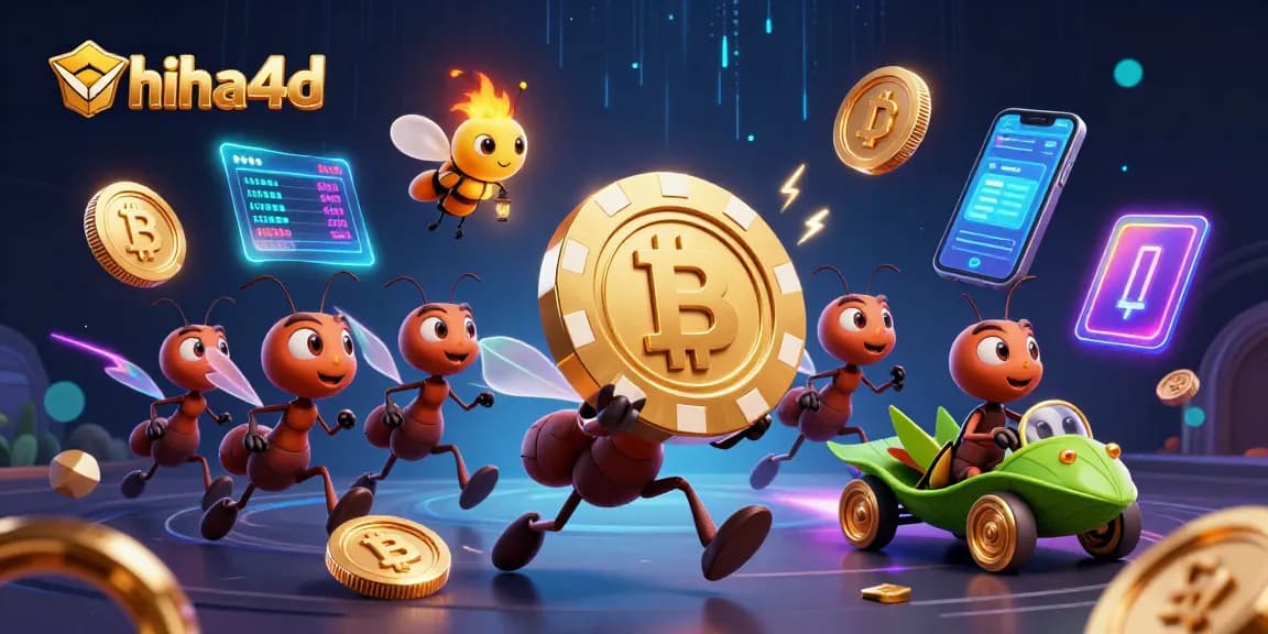 Aksi tim semut di ahha4d mengangkut chip poker emas besar sambil dikelilingi elemen kripto menawan.