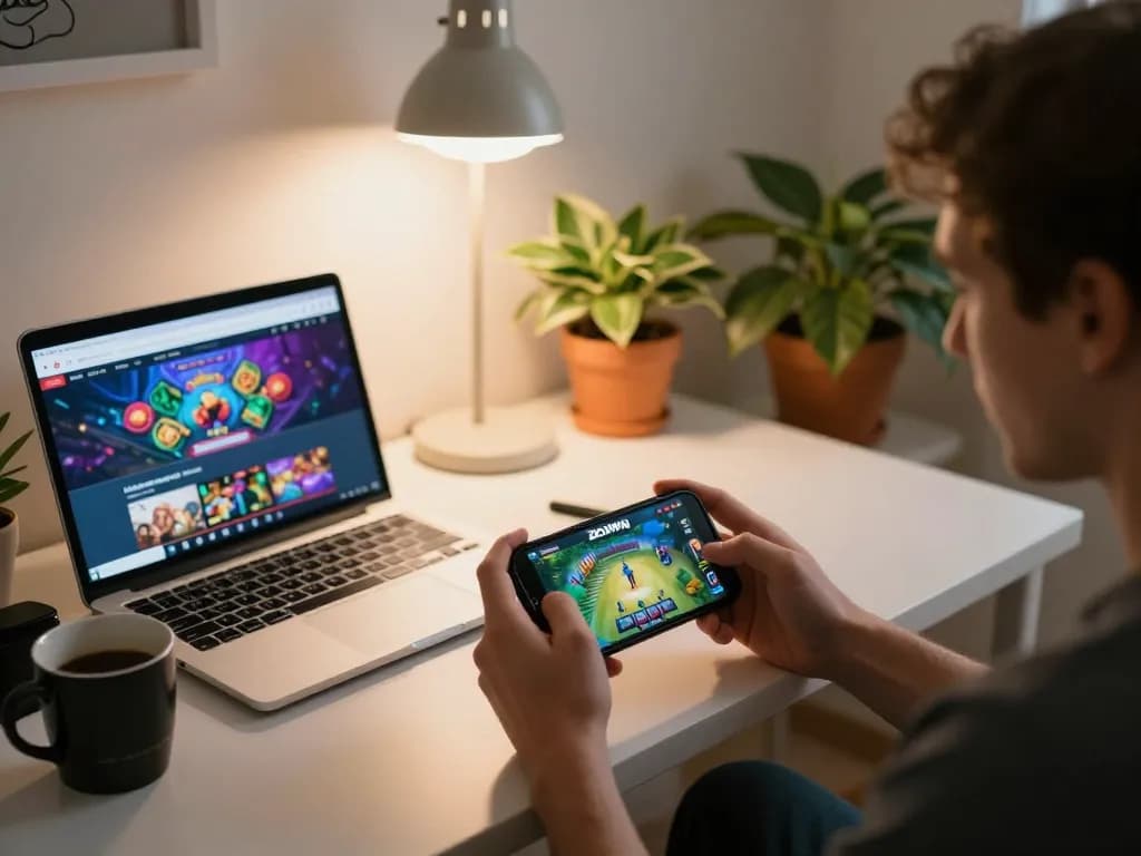ZOWIN gameplay on mobile, showcasing an engaging gaming experience in a cozy setting