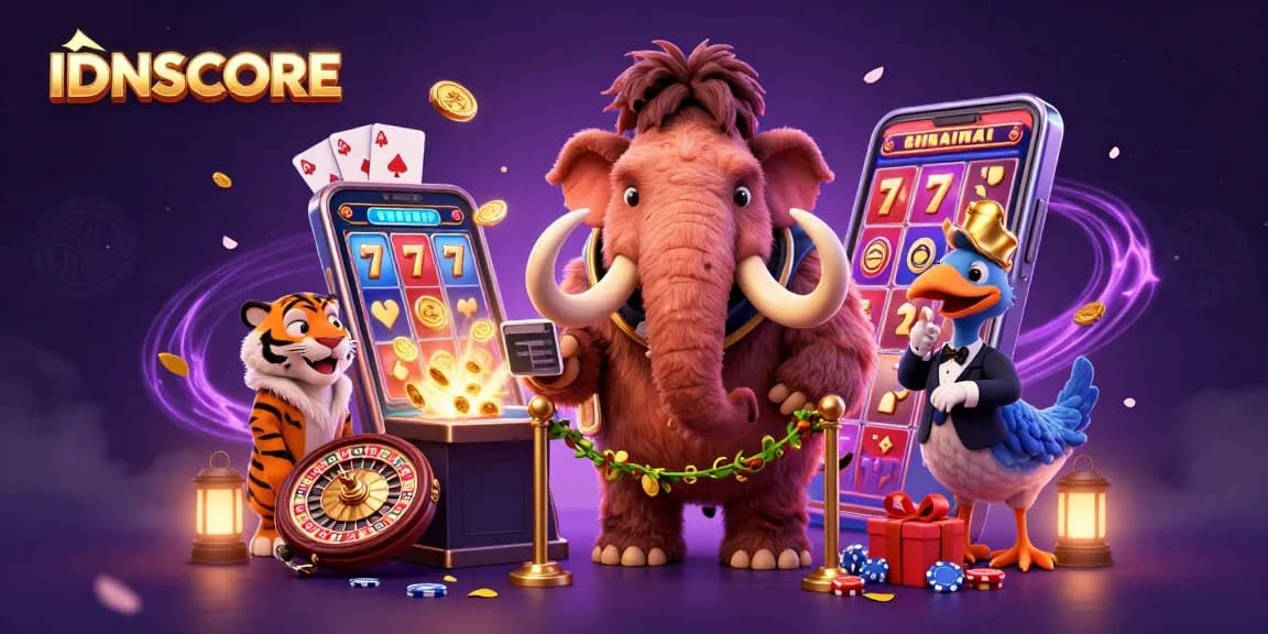 Experience thrilling gameplay with IDNSCORE featuring an entertaining casino scene with a mammoth bouncer and vibrant slot games.