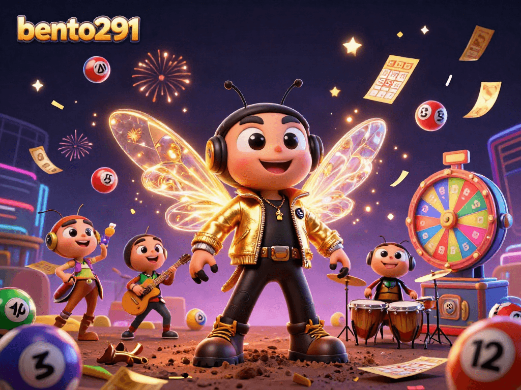 Bento291 showcases a vibrant 3D illustration of a rock star cicada leading a lottery-themed celebration.