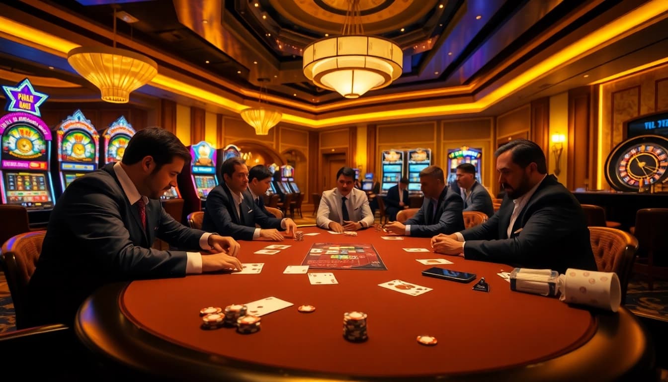 SODO CASINO poker game at a luxurious table with vibrant slot machines and roulette wheel.