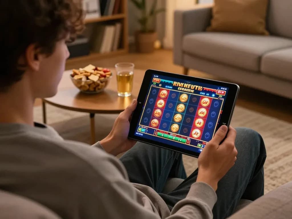 Person enjoying online gaming at home with O8 casino on a tablet, surrounded by snacks and a cozy atmosphere.