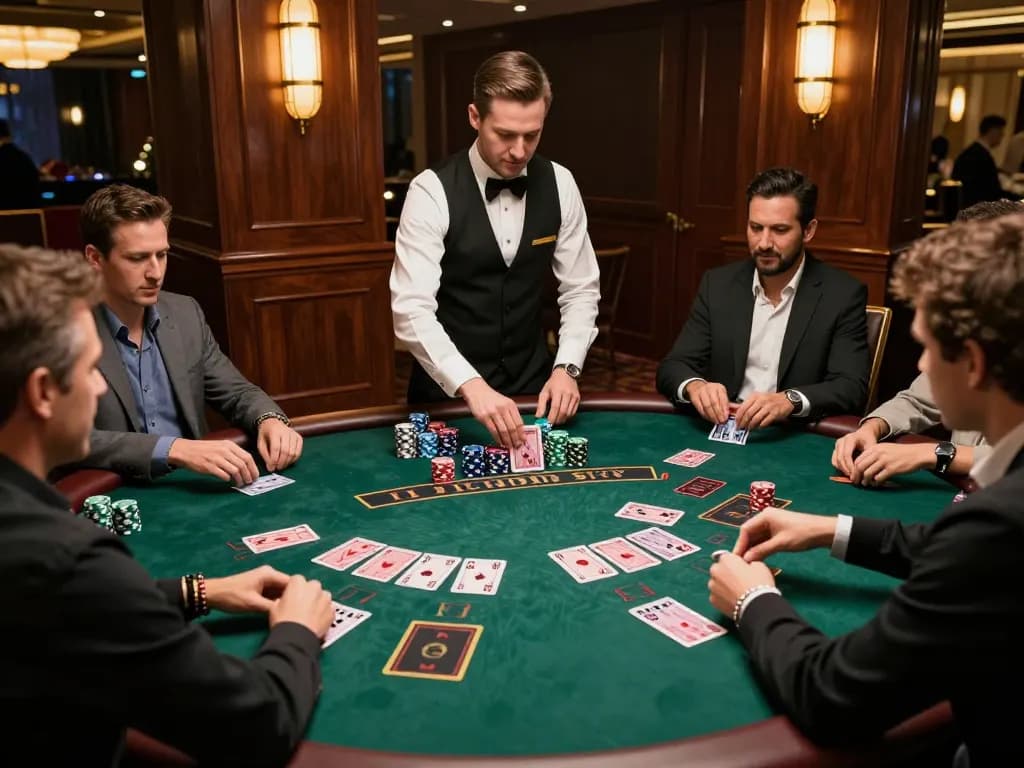 Xoso66 players enjoy a high-stakes blackjack game at an upscale casino table.