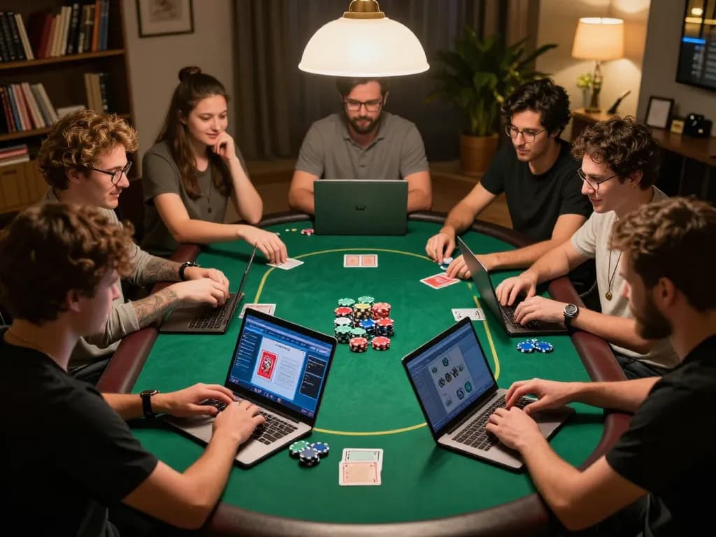 Players engaged in an exciting online poker game at rr88 in a cozy home setting