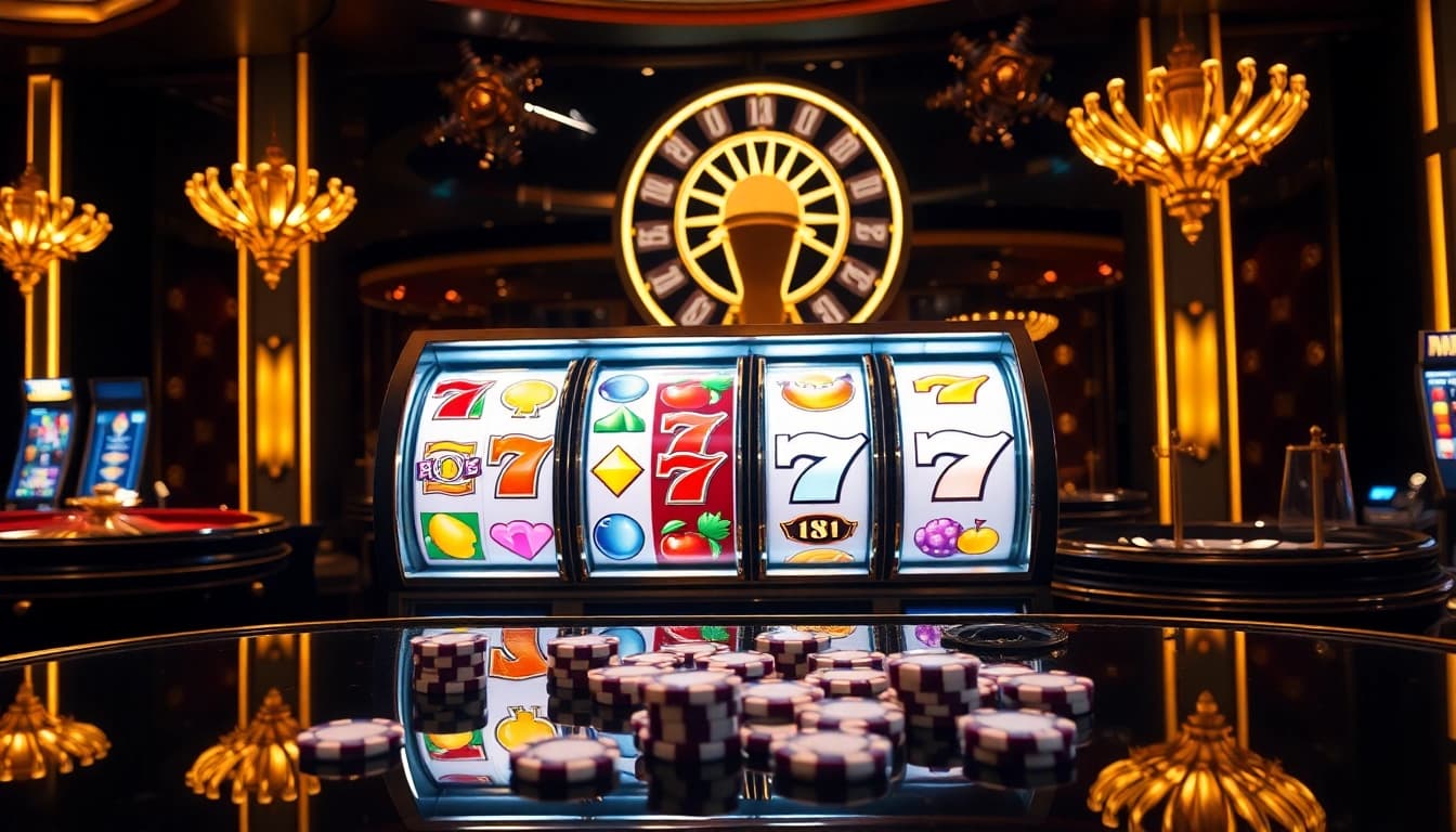 Pemain yang bersemangat di kasino mewah berinteraksi dengan mesin toto slot untuk kemenangan besar.