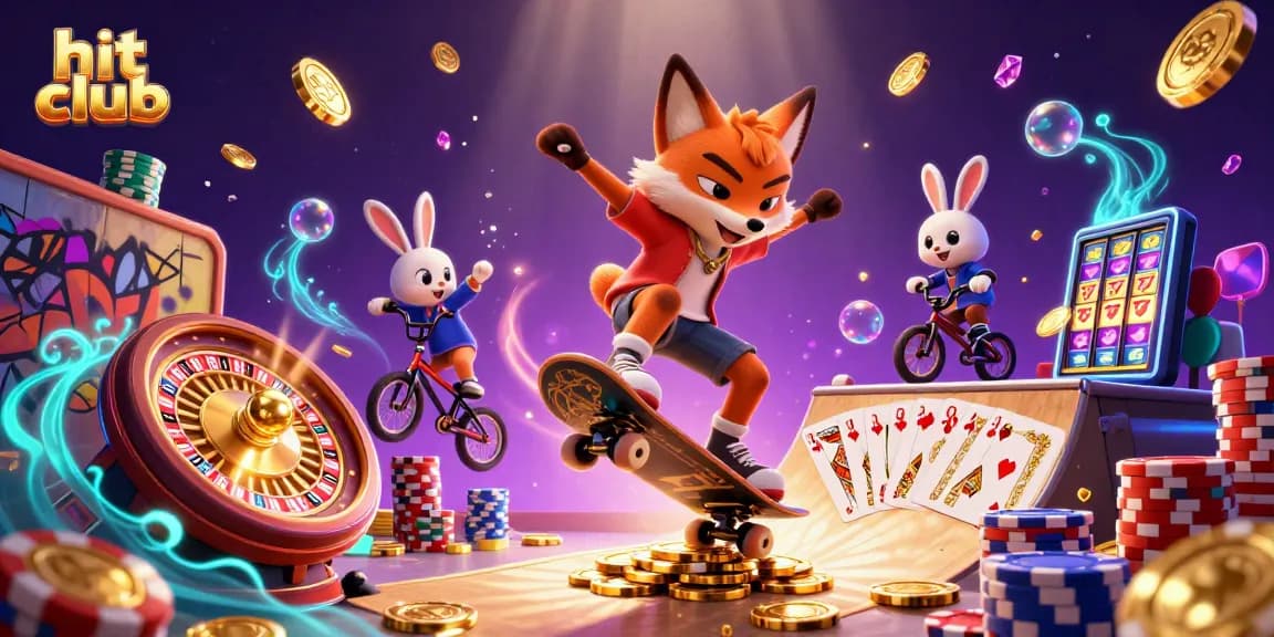 Hit club illustration showcasing a dynamic scene with characters performing tricks amidst casino symbols and bright gambling elements.