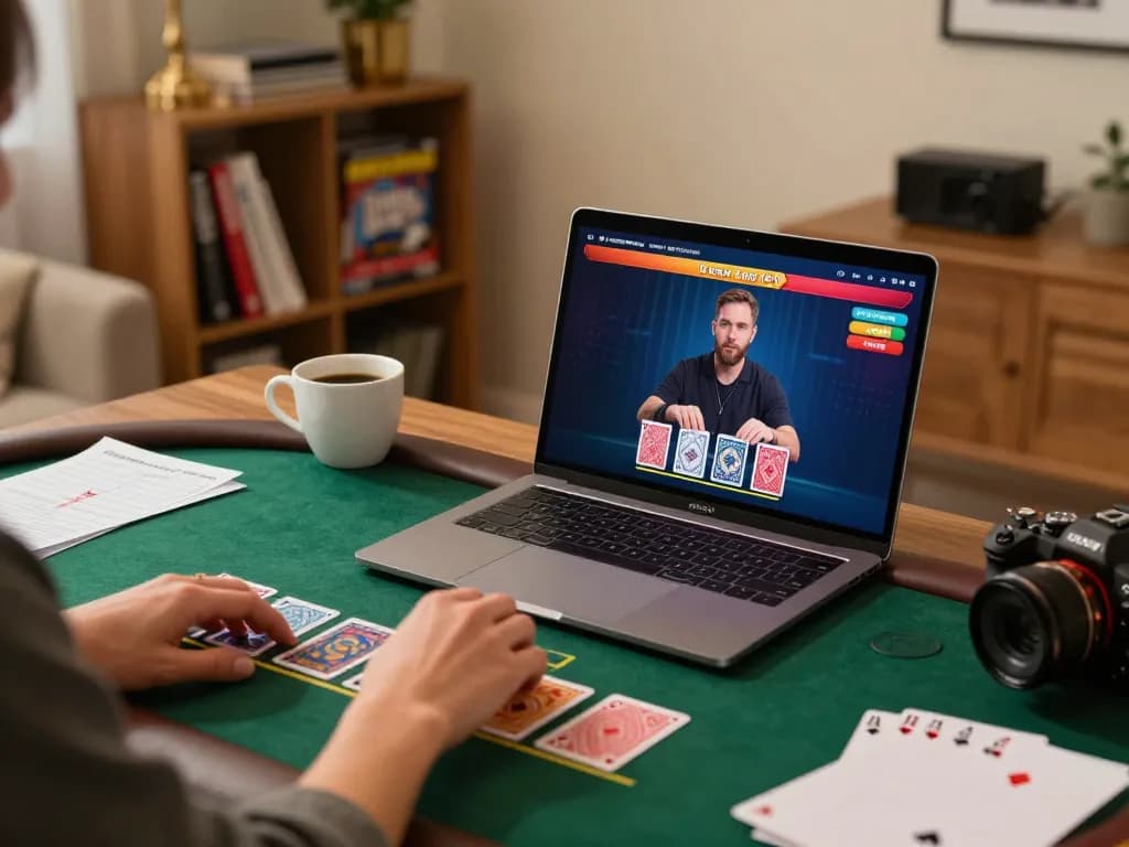 Person playing live dealer blackjack with 789win on laptop at home, engaging and strategic gaming environment.