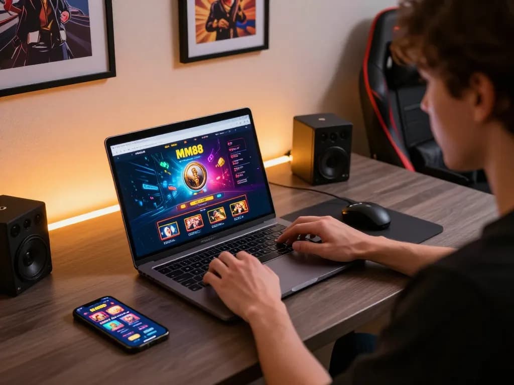 Player engaging with MM88 casino platform on laptop in dynamic online gaming setup.