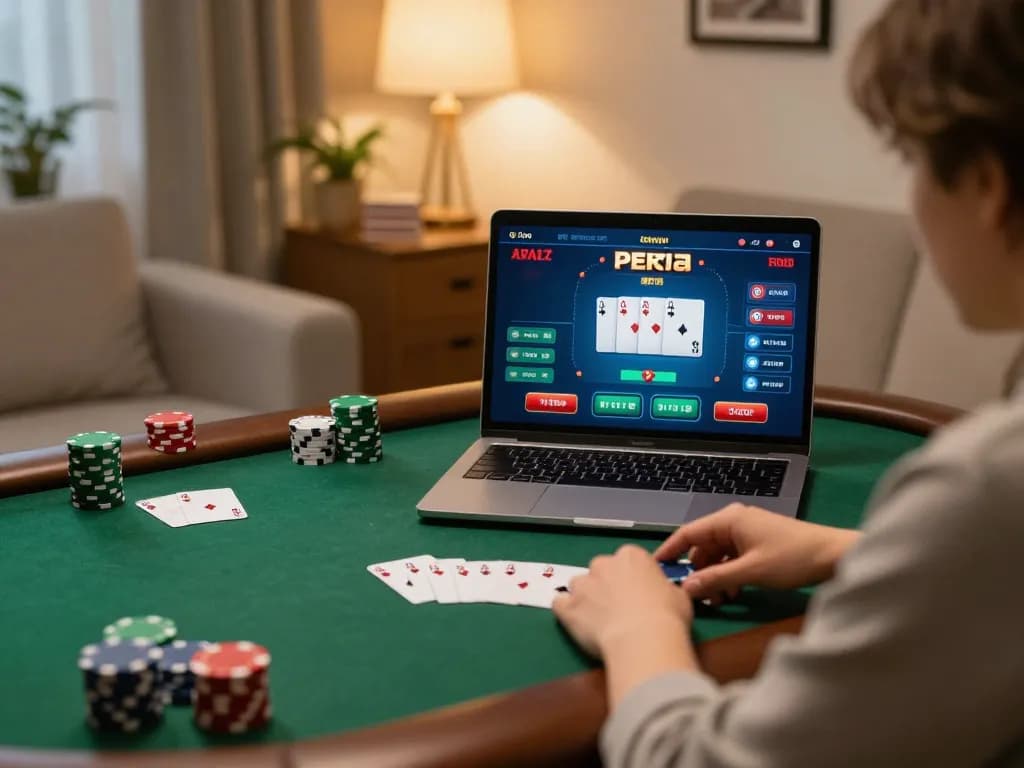 Engaged player strategizing poker at home with TX88 gaming interface on screen.