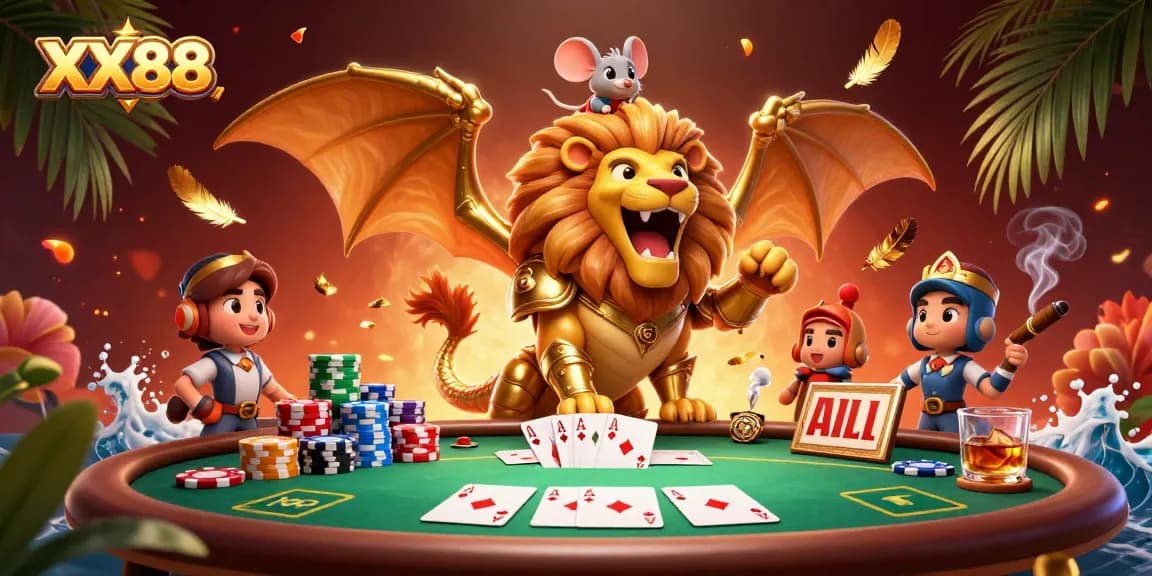 Experience the thrill at XX88 with a vibrant poker scene featuring a golden chimera and casino elements.