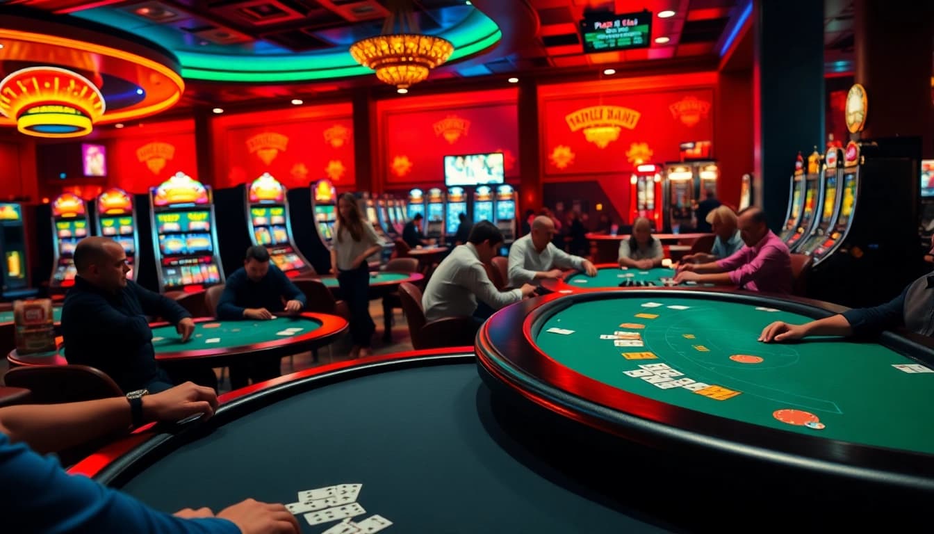 Experience excitement at the Casino with players enjoying various games amid vibrant lights.