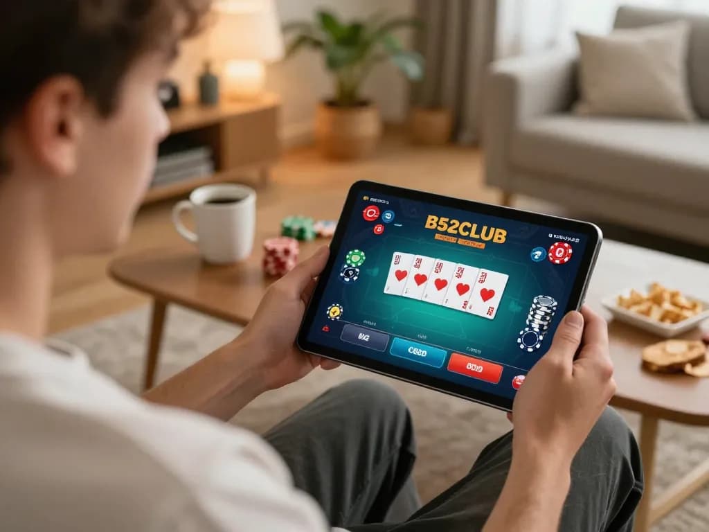Engaging B52CLUB online gaming scene featuring a player using a tablet with poker interface in a cozy home.