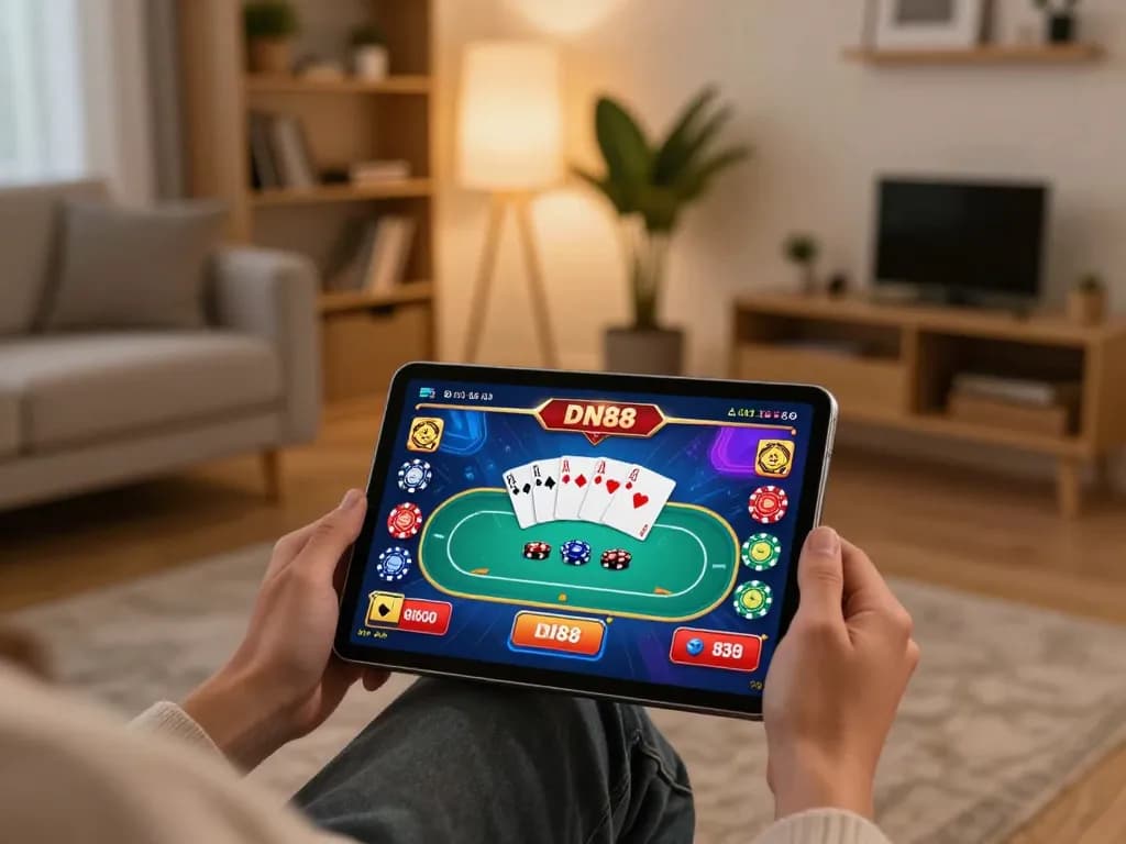 Engaging in poker gameplay on DN88’s online platform with a stylish home setup.