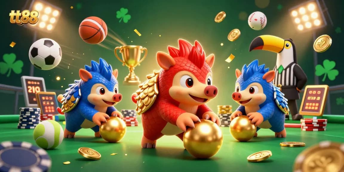 Experience top gaming action at tt88 with 3D pangolins competing, surrounded by sports elements!