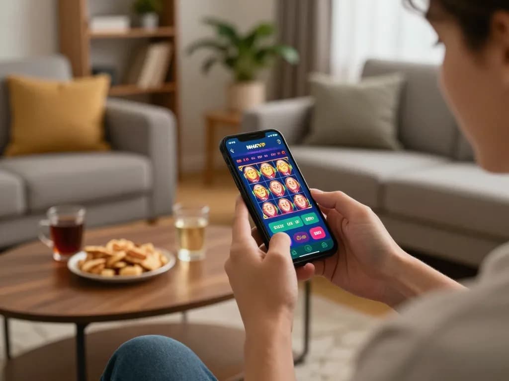 Engaging mobile gaming experience on NHATVIP app in a cozy living room.