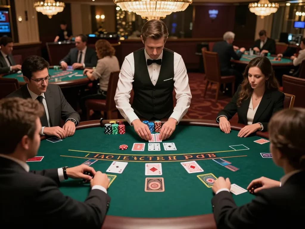 C172 blackjack players strategizing bets at an upscale casino table, showcasing lively excitement and skill.