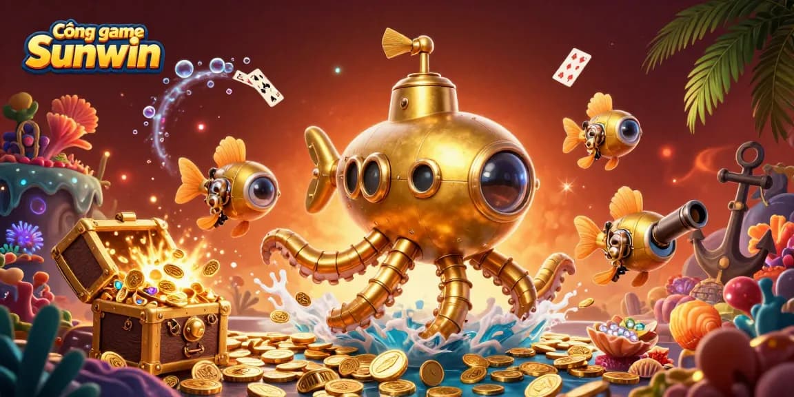 Cổng game Sunwin showcases a colorful underwater treasure scene with a golden kraken submarine and vibrant game elements.