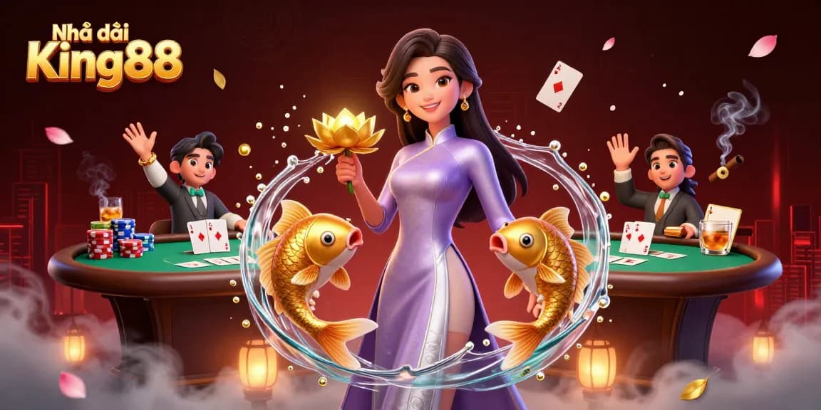 Engaging scene depicting Nhà cái King88's vibrant casino atmosphere with a stylized Asian woman and colorful gaming elements.