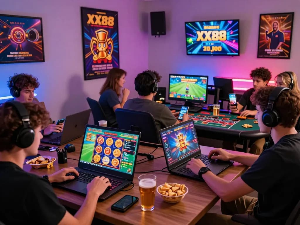 Enthusiastic players experiencing the excitement of xx88 gaming on laptops and smartphones.