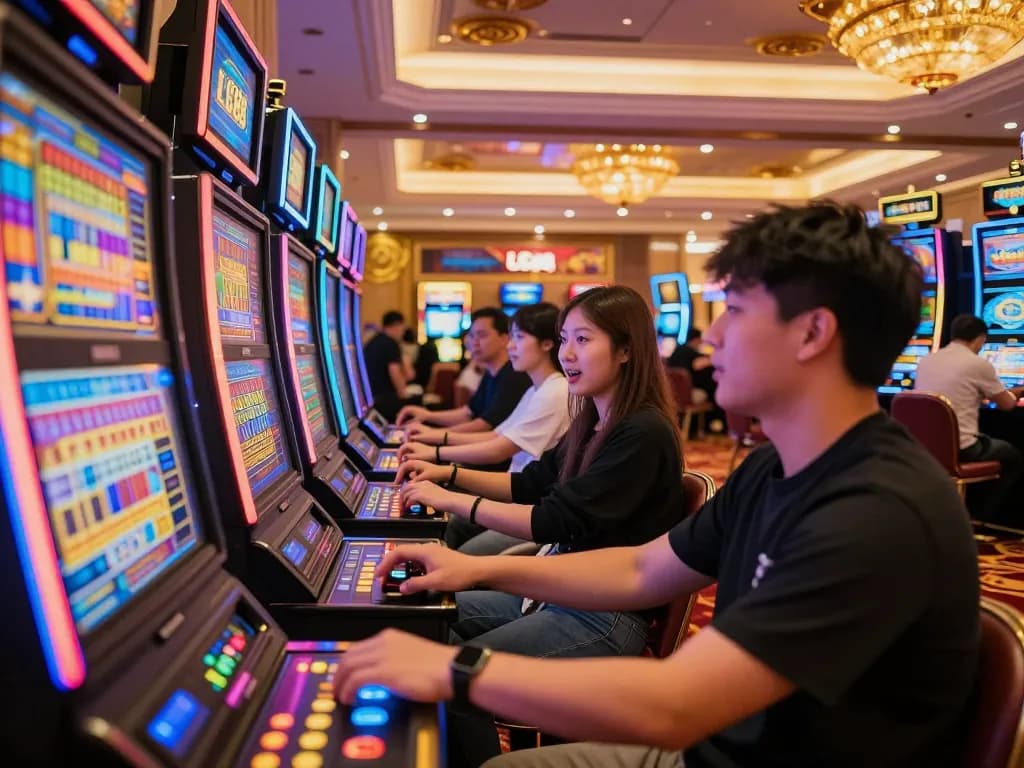 Players enjoying vibrant slot machines at LC88 Casino, showcasing excitement and engagement.