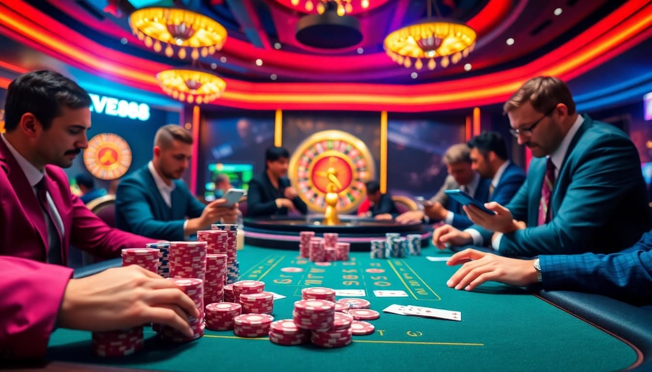 Players enjoying poker at FIVE88 casino, immersing in thrilling gambling action.