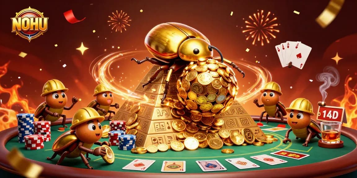 Experience NOHU live action with a golden dung beetle rolling a jackpot of coins amidst a vibrant casino scene.