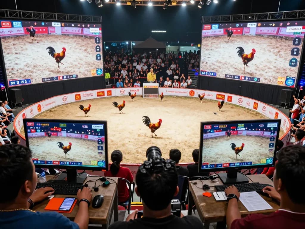 Crowd enjoying live đá gà thomo with clear visuals of dynamic rooster fights and betting activity.