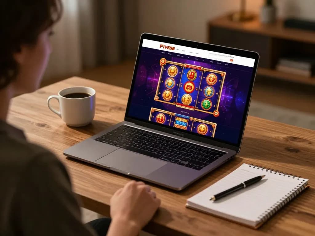 Engage with FIVE88 while playing slot games on a sleek laptop at home.