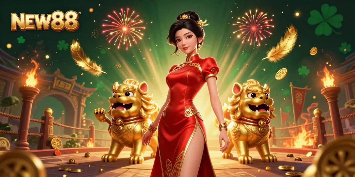 Experience thrilling gaming at NEW88 with vibrant 3D illustration showcasing exciting casino elements and cultural flair.