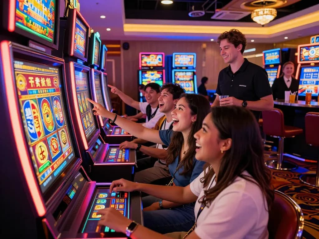 Excited players enjoying the Lucky 88 slot machine in a vibrant casino setting.