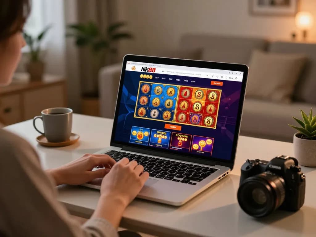 Engaging in thrilling online gambling at nk88, a player prepares to spin the reels on a vibrant slot game.