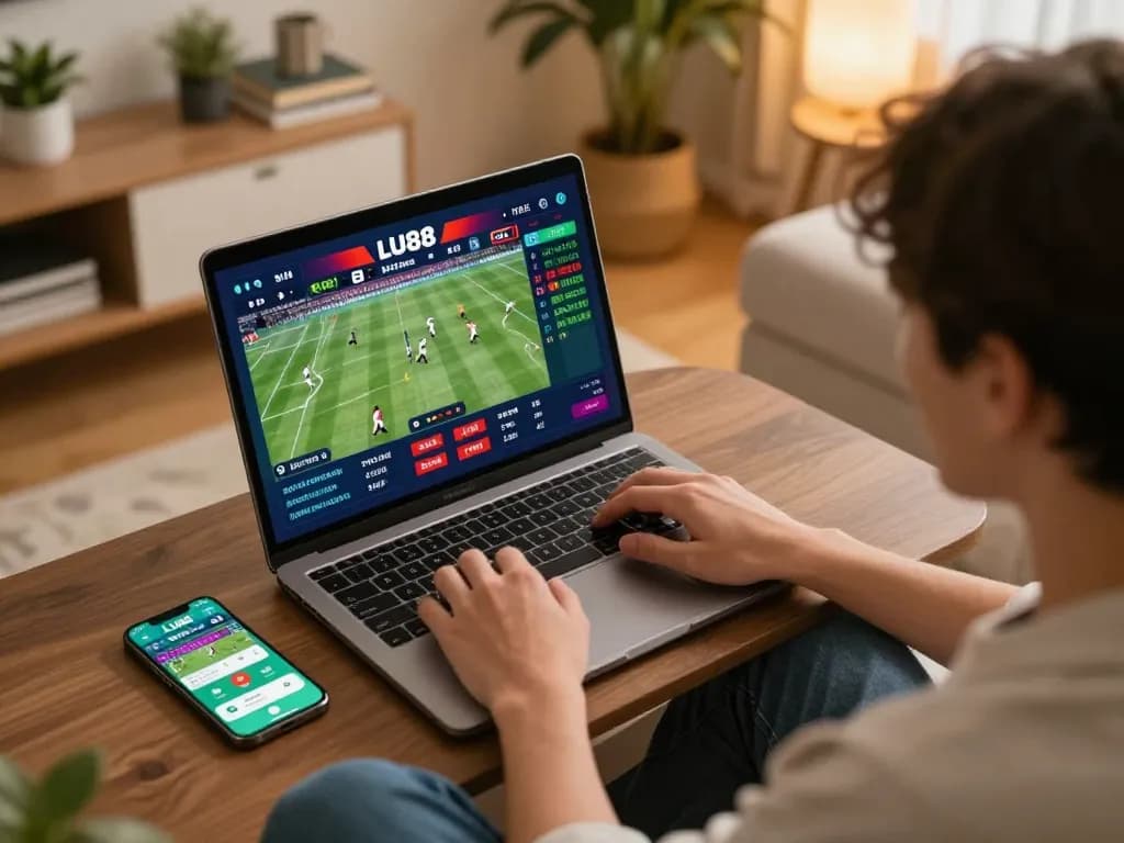 Player engaged in live sports betting on LU88, laptop and mobile app visible in cozy home setting