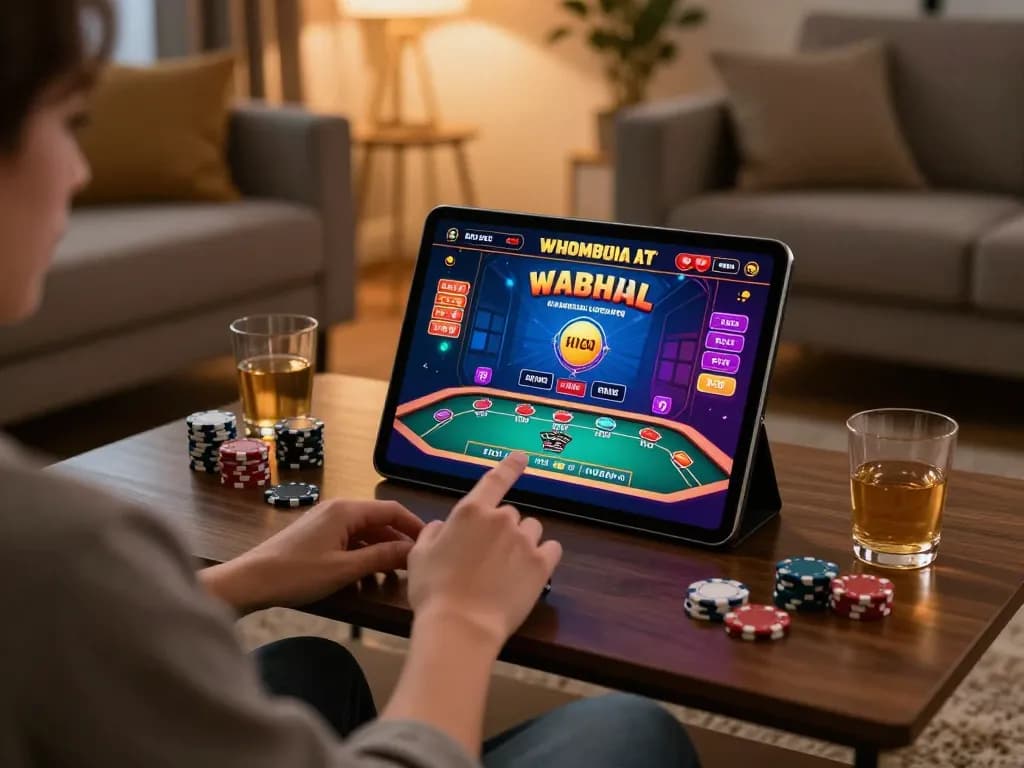 ku88 player enjoying an online blackjack game on tablet in cozy living room.