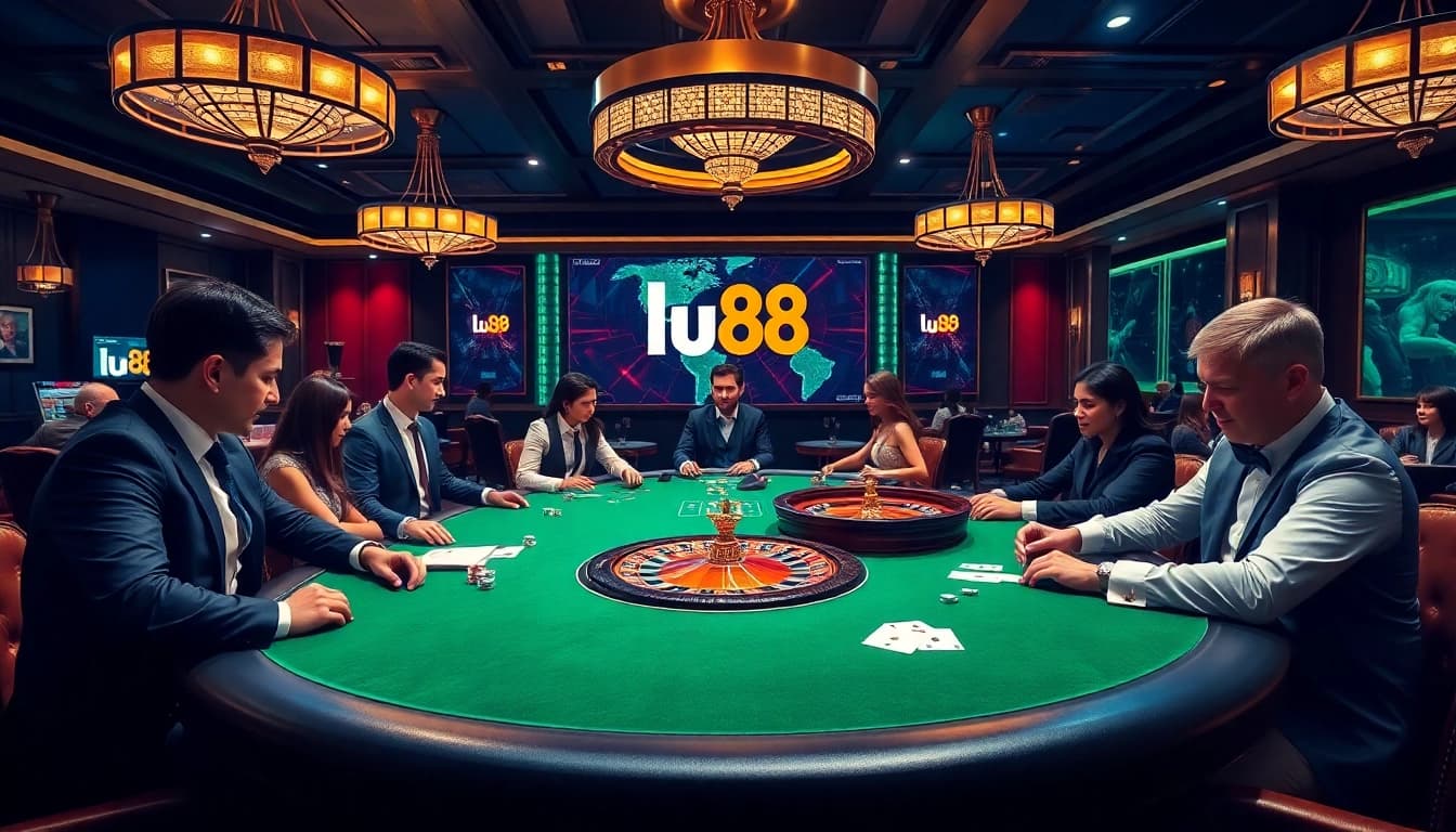 Players at a luxurious lu88 poker table engaged in high stakes gaming with vibrant casino ambiance.