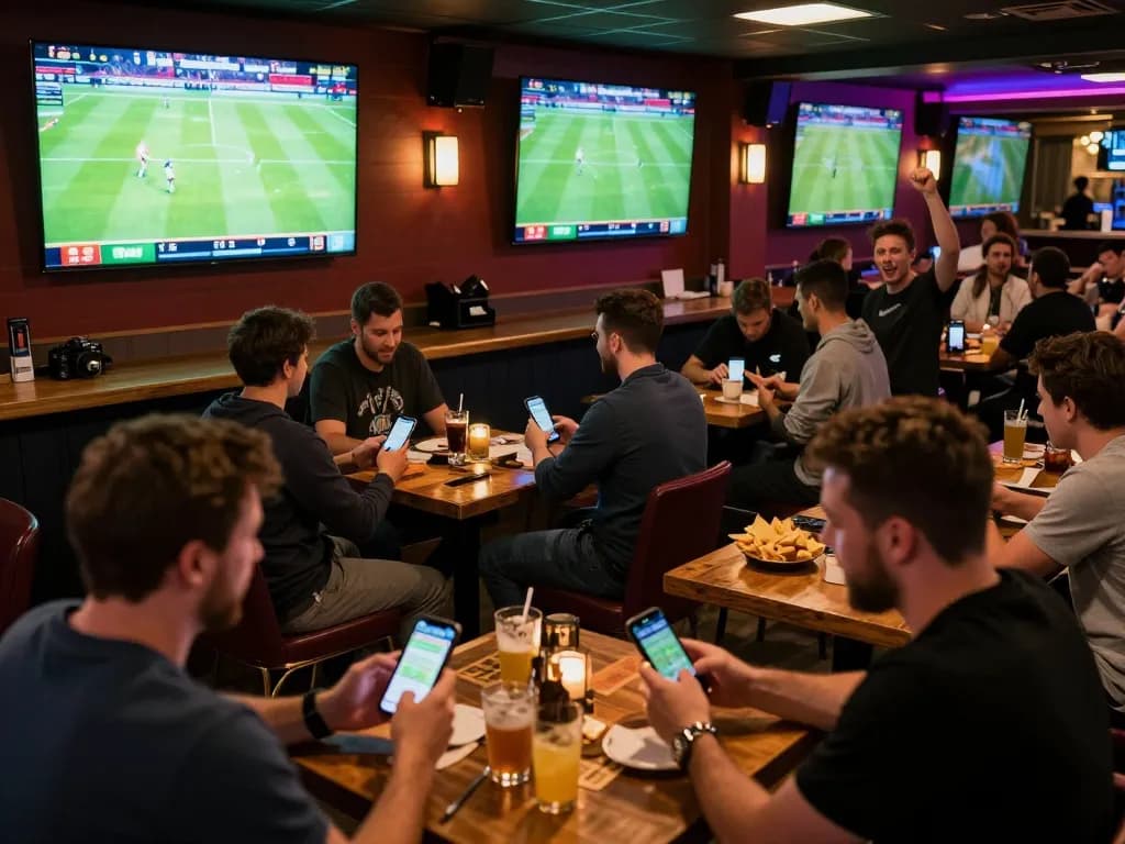 Tỷ lệ kèo nhà cái 5 featured in an exciting sports betting scene with patrons engaged on mobile apps, cheering for live matches.