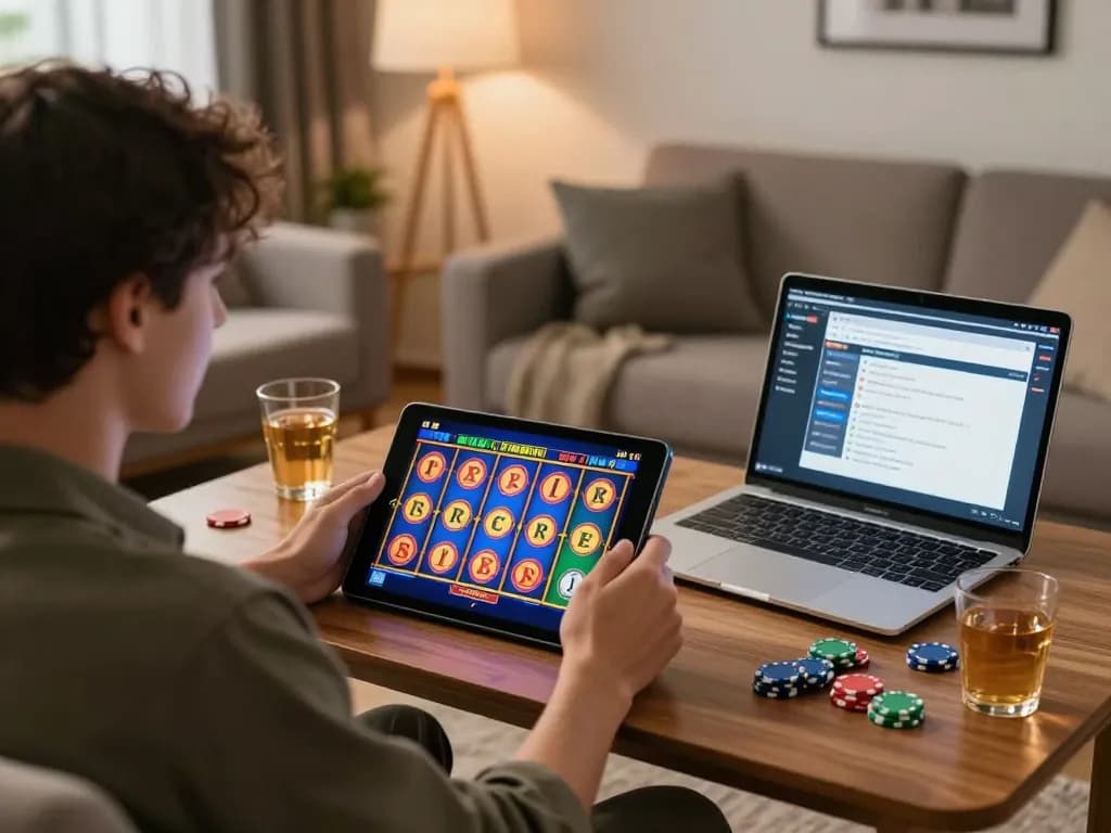Player spins a slot machine on a tablet, showcasing engaging online gaming experience at home.