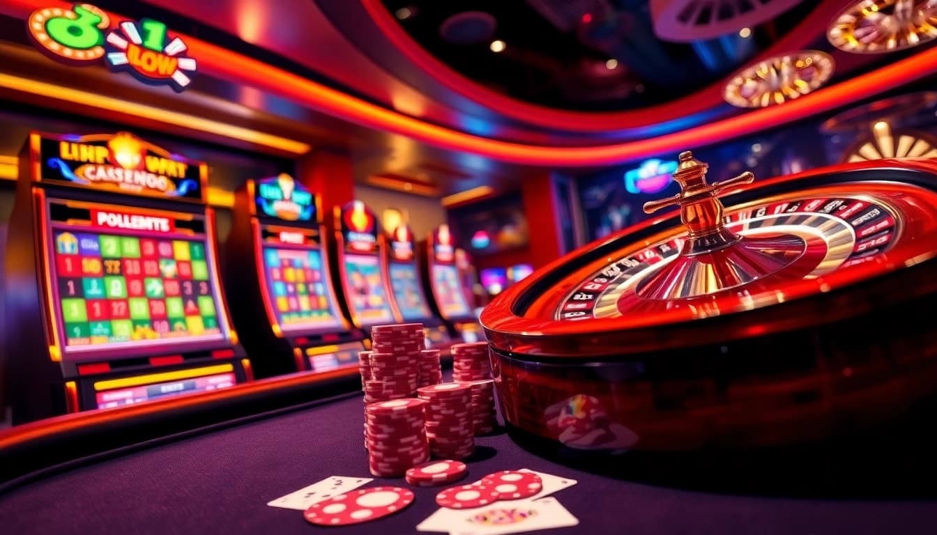 Engaging NK88 online gambling scene featuring vibrant slot machines and poker chips.