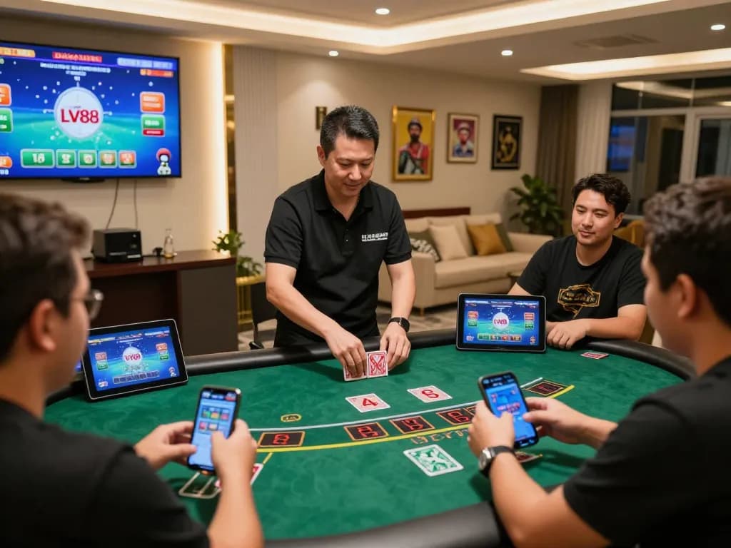 Engaging LV88 online gaming scene with live dealer blackjack action and players using tablets