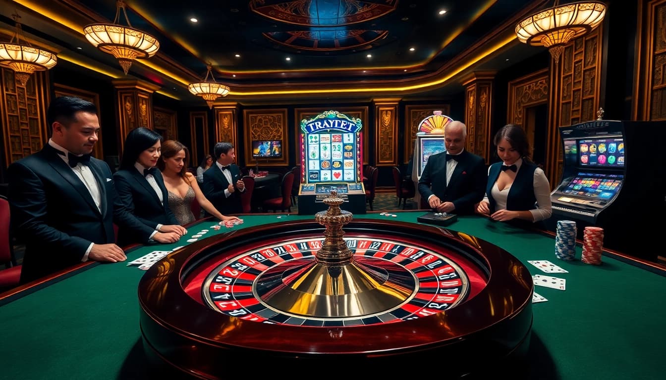 Intense gaming atmosphere at 28bet casino with roulette table and players ready to win big.