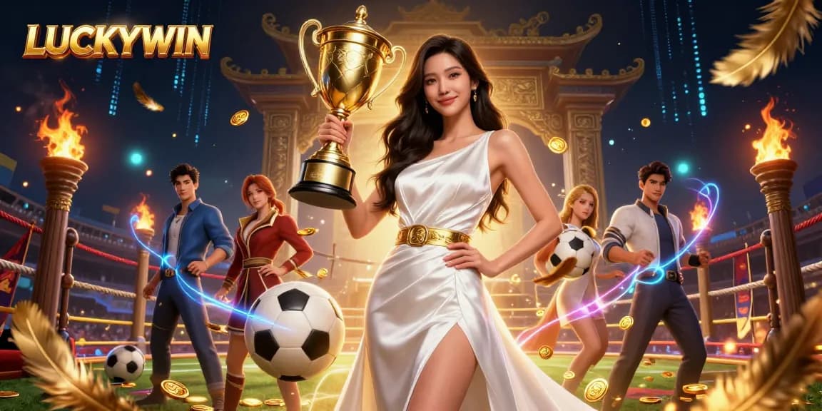 Experience the thrill of winning at LUCKYWIN with a photorealistic scene of an Asian woman celebrating victory, illustrated in stunning detail.