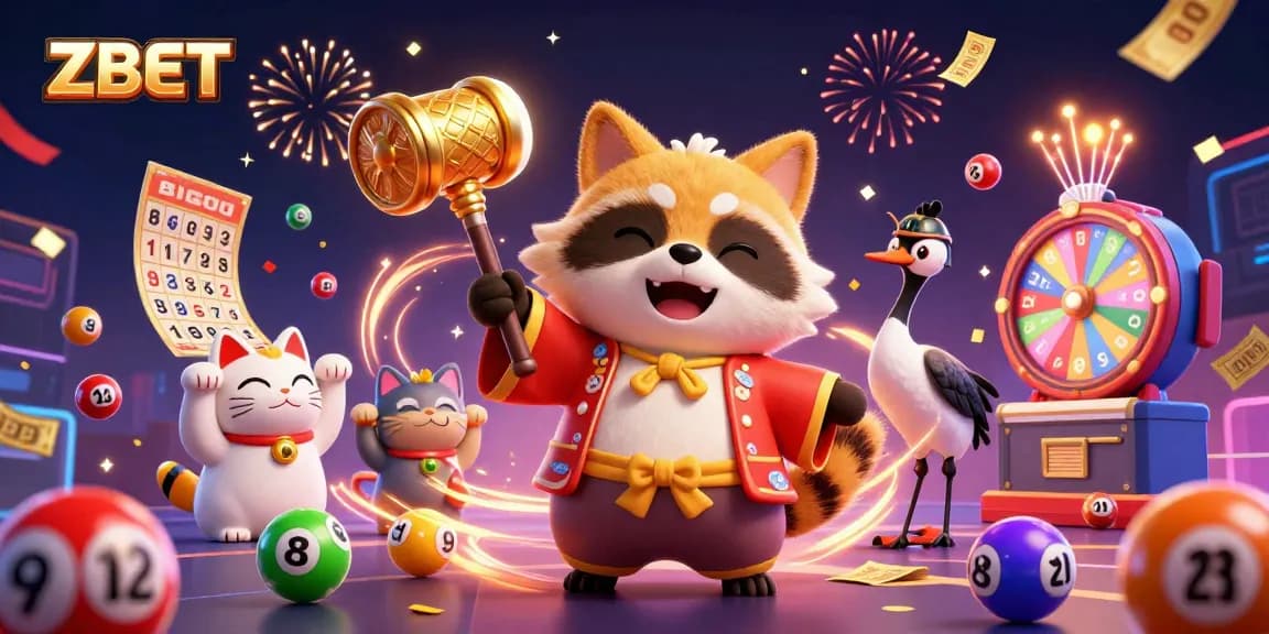 ZBET engages players with colorful lottery elements and cheerful characters in a dynamic casino scene.