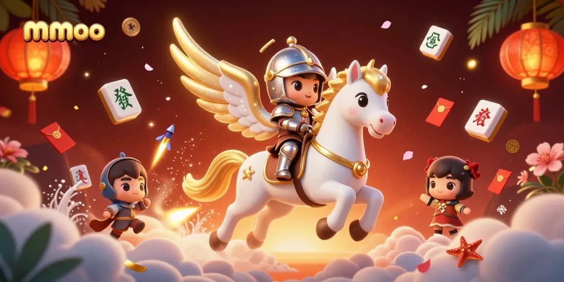Win big with mmoo presenting a vibrant 3D casino scene filled with lucky symbols and exciting gaming elements.