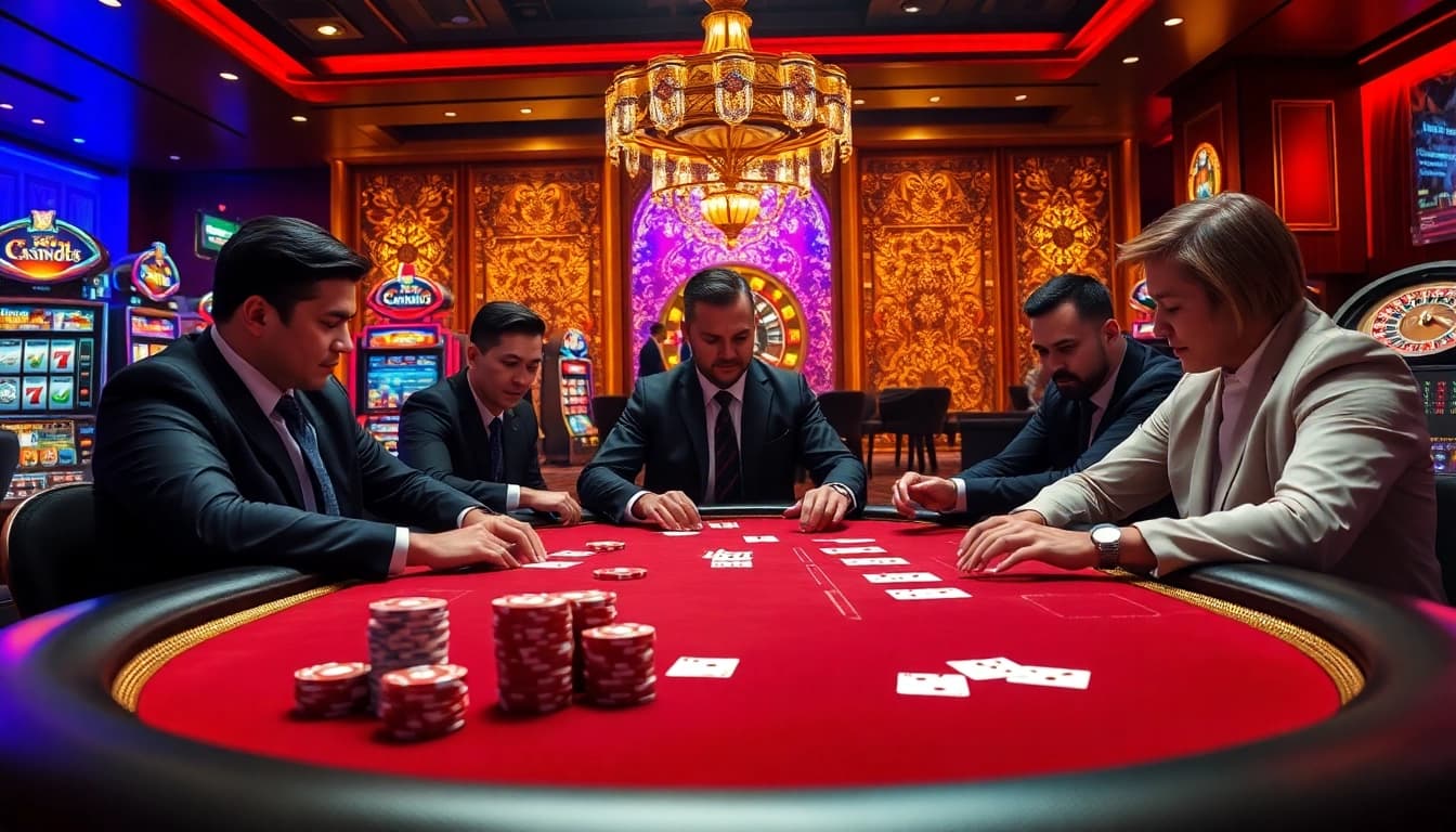 Engaged players at a 555win casino poker table showcasing excitement and luxury in gambling.