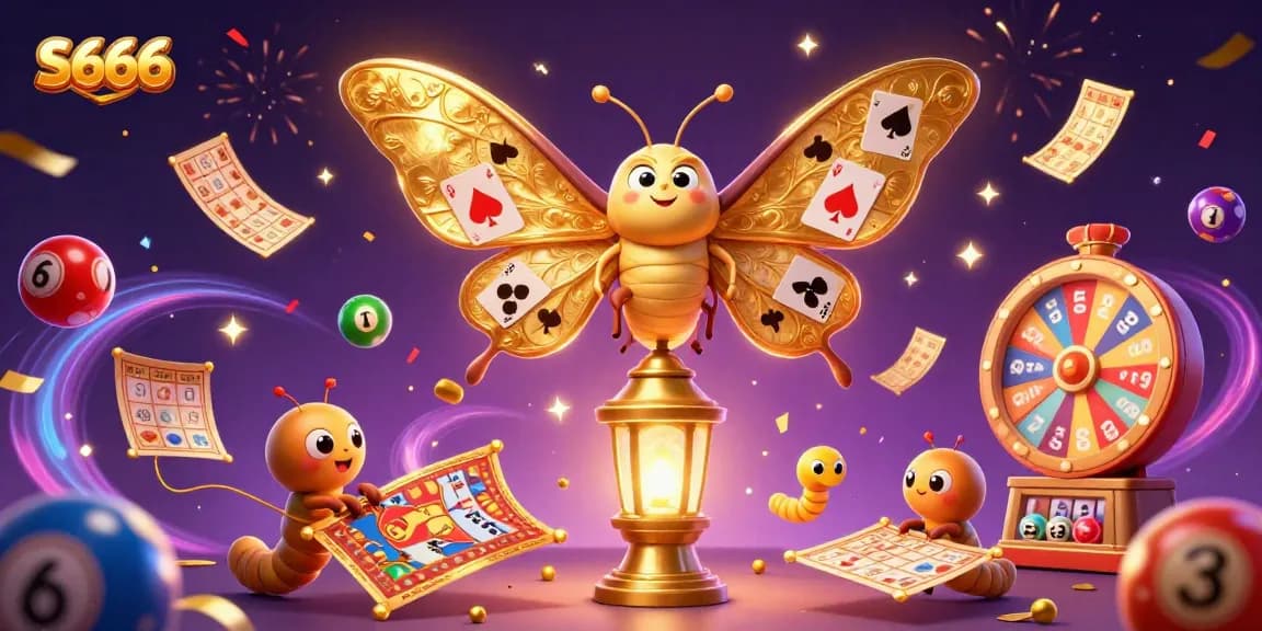 Engage with S666's vibrant casino atmosphere featuring a moth and gaming elements.