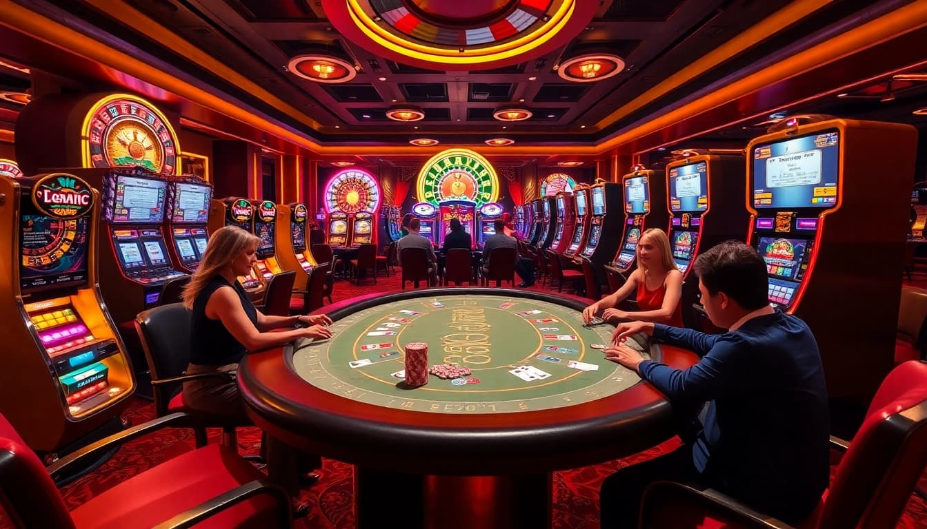 Experience the thrill of winning at 8xx with a vibrant casino atmosphere featuring poker tables and slot machines.