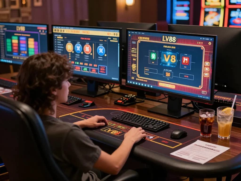 Engaging in strategic online gambling with LV88 casino games on multiple screens.